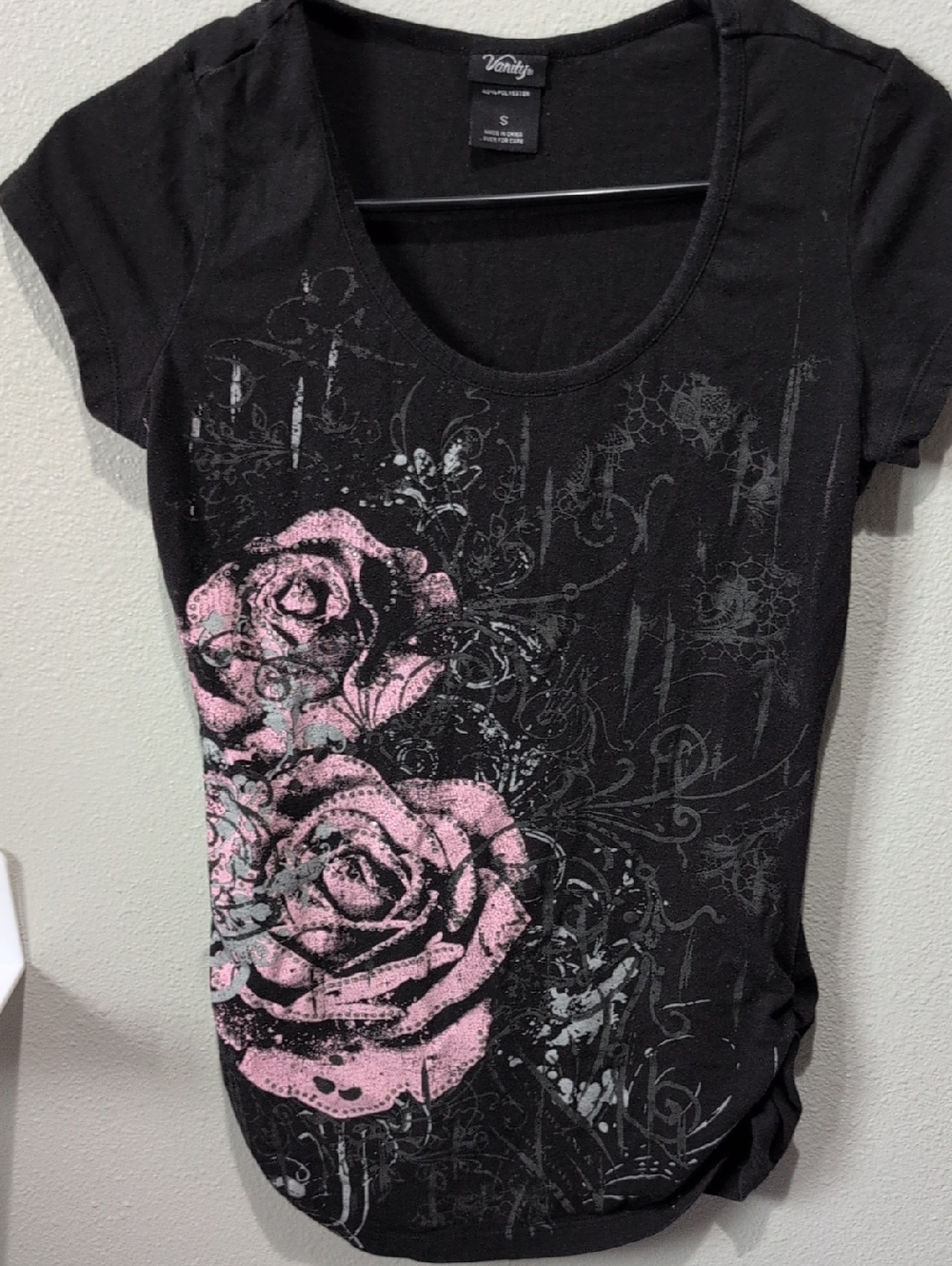 Vanity Black Short Sleeve Tee with Pink Rose Graphic